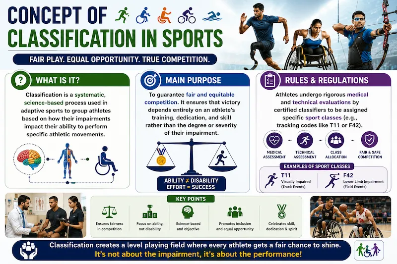 Concept of Classification in Sports infographic explaining the purpose, process, rules, and regulations of athlete classification in adaptive sports, including fair competition, medical evaluation, technical assessment, and sport classes such as T11 and F42.