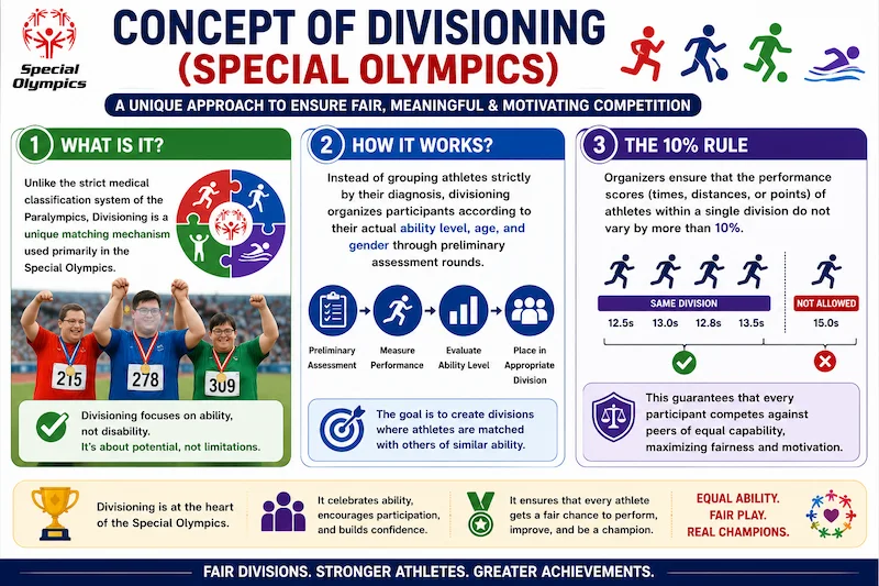 Concept of Divisioning in Special Olympics infographic explaining athlete grouping based on ability level, age, gender, preliminary assessment, and the 10% performance rule to ensure fair and meaningful competition.
