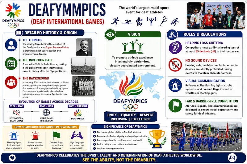 Deaflympics (Deaf International Games) infographic explaining the history, founder Eugène Rubens-Alcais, evolution of the Deaflympics, vision, hearing loss eligibility criteria, visual communication methods, and competition rules for deaf athletes.