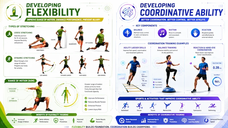 Sports science infographic comparing flexibility development and coordinative ability training, featuring static and dynamic stretching, agility ladder drills, balance exercises, reaction training, and range of motion techniques.