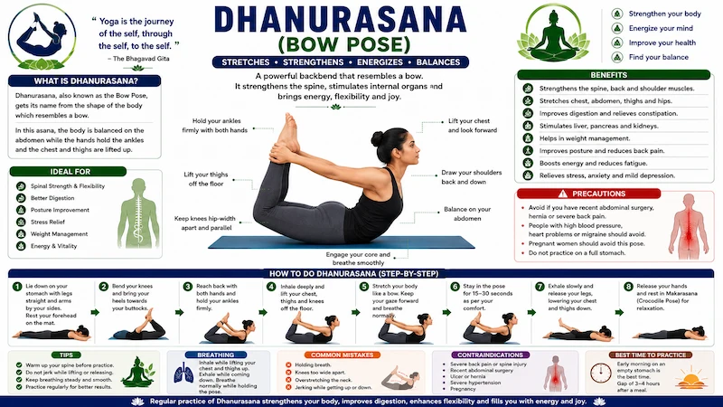 Dhanurasana (Bow Pose) yoga infographic demonstrating the correct bow-shaped posture with the practitioner lying on the abdomen, holding both ankles, lifting the chest and thighs off the floor, including step-by-step instructions, benefits, breathing technique, and precautions for CBSE Class 12 Physical Education.