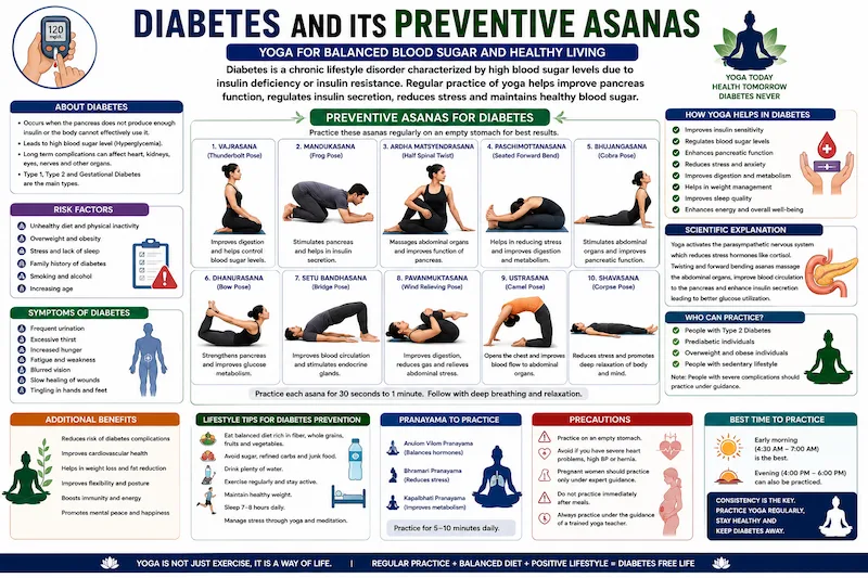 Diabetes and Its Preventive Asanas infographic illustrating yoga poses for diabetes management, including Vajrasana, Mandukasana, Ardha Matsyendrasana, Paschimottanasana, Bhujangasana, Dhanurasana, Setu Bandhasana, Pawanmuktasana, Ustrasana, and Shavasana, along with symptoms, risk factors, benefits, precautions, and lifestyle tips for CBSE Class 12 Physical Education.