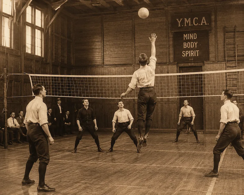 Sepia-toned vintage photograph depicting men playing an early version of volleyball in a YMCA wooden gymnasium during the late 1890s.