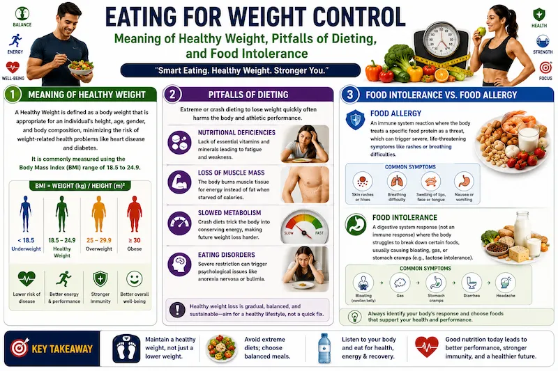 Eating for Weight Control infographic explaining healthy weight, BMI range, pitfalls of crash dieting, nutritional deficiencies, muscle loss, slowed metabolism, eating disorders, and the difference between food intolerance and food allergy.