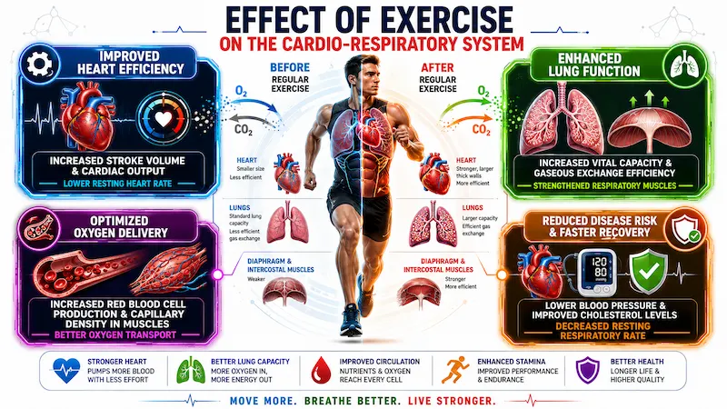 Effect of Exercise on the Cardio-Respiratory System infographic showing improved heart efficiency, enhanced lung function, optimized oxygen delivery, and reduced disease risk with a before-and-after anatomical runner comparison.