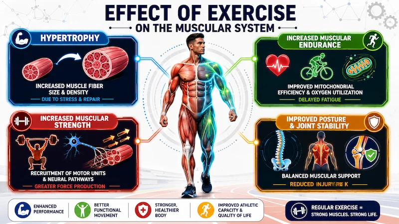 Effect of Exercise on the Muscular System infographic showing muscle hypertrophy, increased muscular strength, improved muscular endurance, and better posture and joint stability with an anatomical athlete illustration.