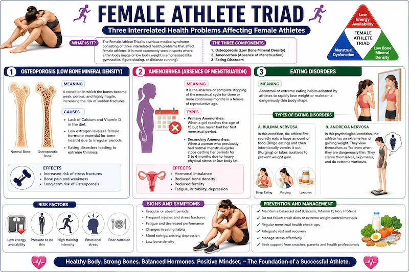 Educational infographic explaining the Female Athlete Triad, including osteoporosis, amenorrhea, eating disorders, causes, symptoms, and prevention for female athletes.