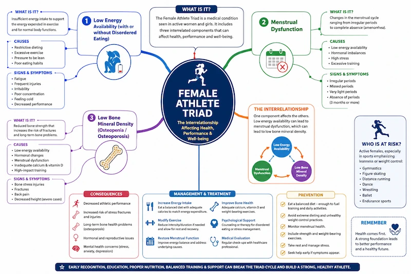 Female Athlete Triad mind map infographic showing low energy availability, menstrual dysfunction, low bone mineral density, causes, symptoms, prevention, and treatment for sports science education.