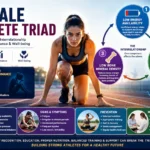 Female Athlete Triad featured infographic showing the relationship between low energy availability, menstrual dysfunction, and low bone mineral density in female athletes.
