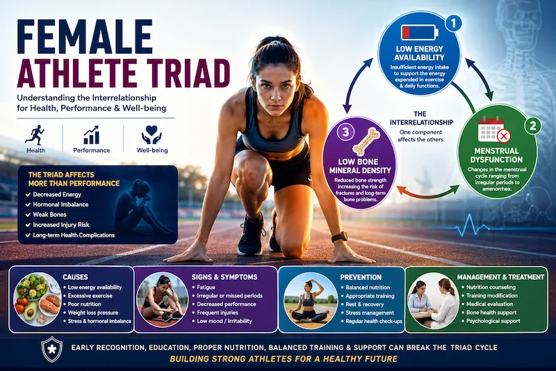 Female Athlete Triad featured infographic showing the relationship between low energy availability, menstrual dysfunction, and low bone mineral density in female athletes.