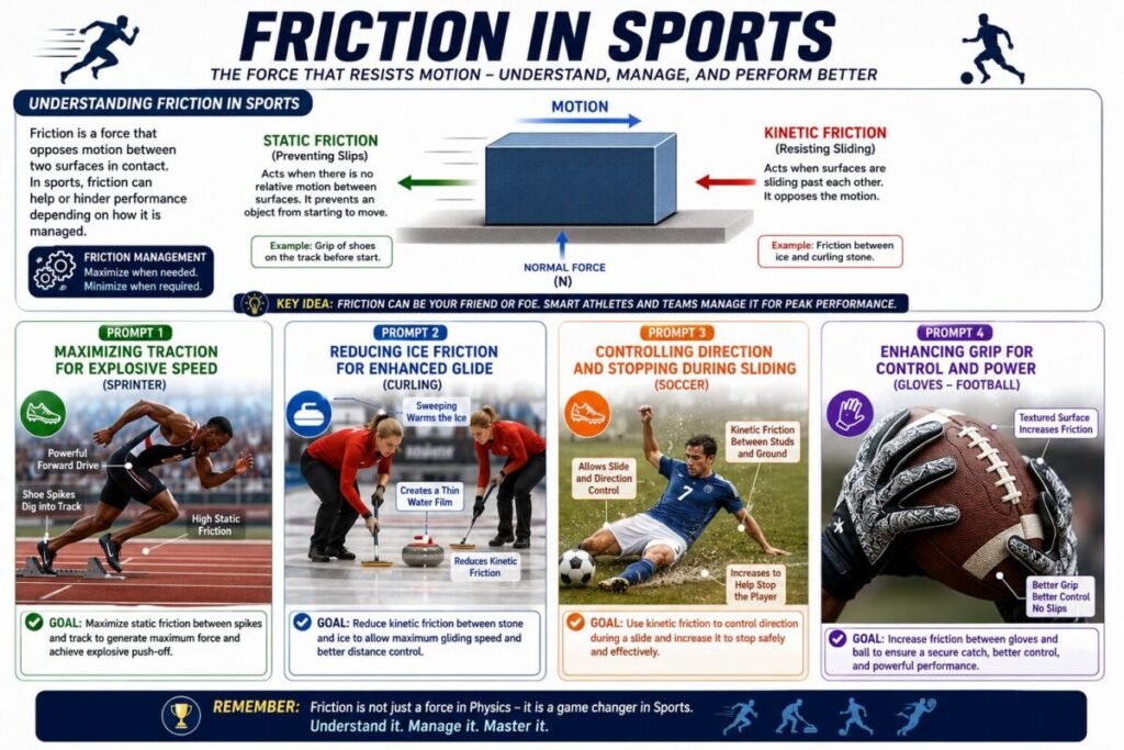 Educational infographic explaining friction in sports, including static friction, kinetic friction, and practical sports examples such as sprinting, curling, soccer slide tackling, and football gloves for improved grip.