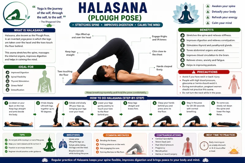 Halasana (Plough Pose) yoga infographic demonstrating the correct inverted posture with the legs extended over the head, toes touching the floor behind, highlighting step-by-step instructions, benefits, breathing technique, and precautions for CBSE Class 12 Physical Education.