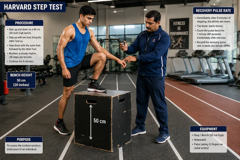 Harvard Step Test showing a student performing the step-up exercise on a 50 cm bench while a coach measures the recovery pulse rate with a stopwatch in a gym to assess cardiorespiratory endurance.