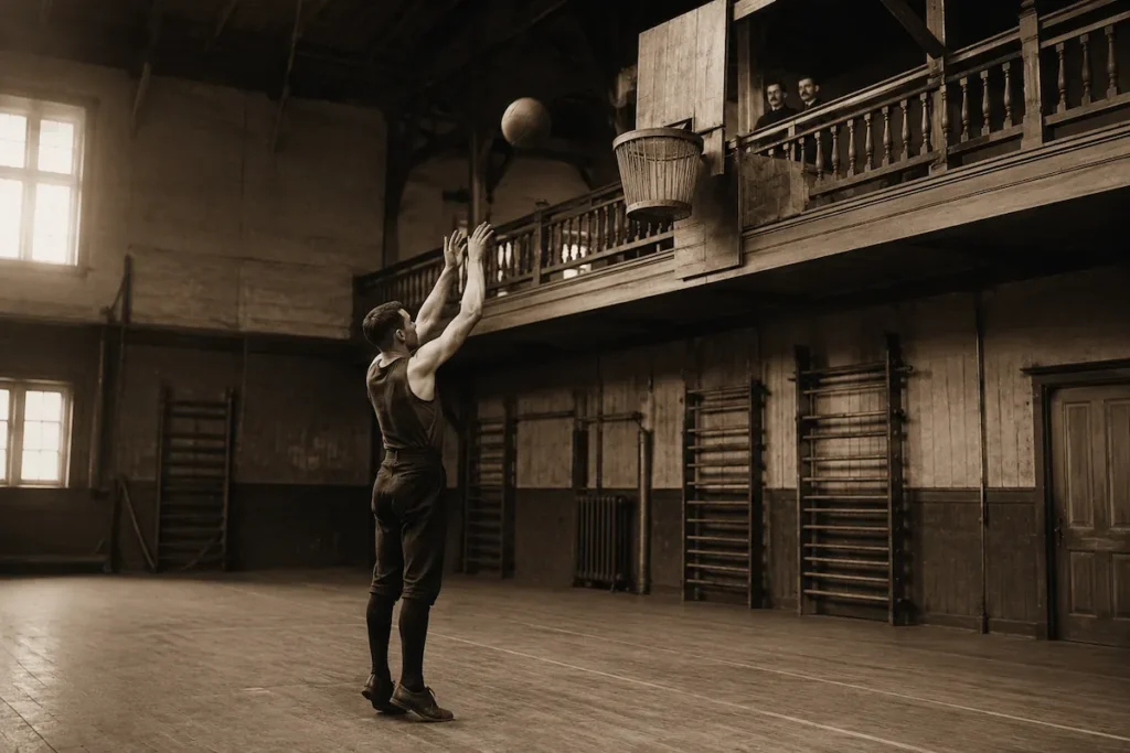Vintage-style illustration of an early basketball game in an 1890s wooden gymnasium with a player throwing a leather ball into a wooden peach basket, representing the origin of basketball.