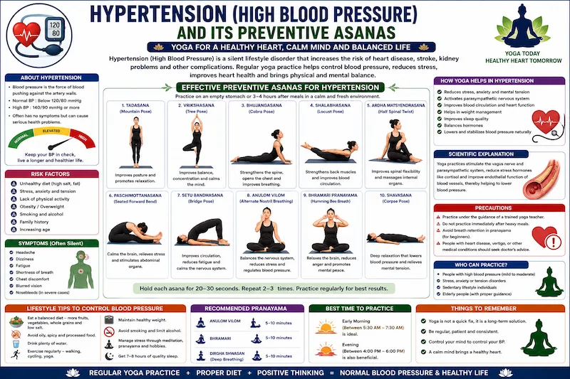 Hypertension (High Blood Pressure) and Its Preventive Asanas infographic illustrating yoga poses for blood pressure management, including Tadasana, Vrikshasana, Bhujangasana, Shalabhasana, Ardha Matsyendrasana, Paschimottanasana, Setu Bandhasana, Anulom Vilom Pranayama, Bhramari Pranayama, and Shavasana, along with symptoms, risk factors, benefits, precautions, and lifestyle tips for CBSE Class 12 Physical Education.