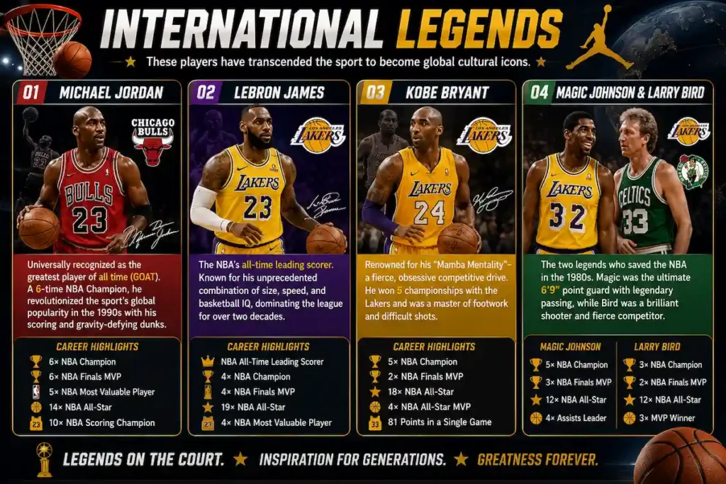 Educational infographic featuring international basketball legends Michael Jordan, LeBron James, Kobe Bryant, Magic Johnson, and Larry Bird, highlighting their achievements and lasting impact on the game of basketball.