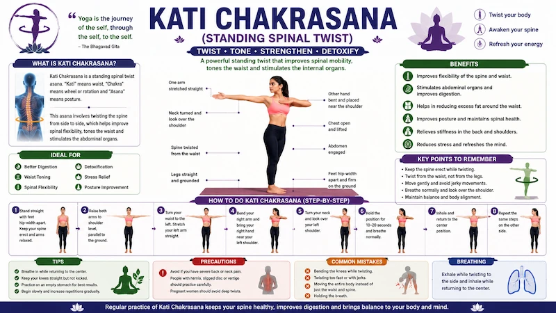 Kati Chakrasana (Standing Spinal Twist) yoga infographic demonstrating the correct standing spinal twist posture with one arm stretched forward, the opposite arm bent near the shoulder, neck turned toward the stretched arm, highlighting steps, benefits, and precautions for CBSE Class 12 Physical Education.