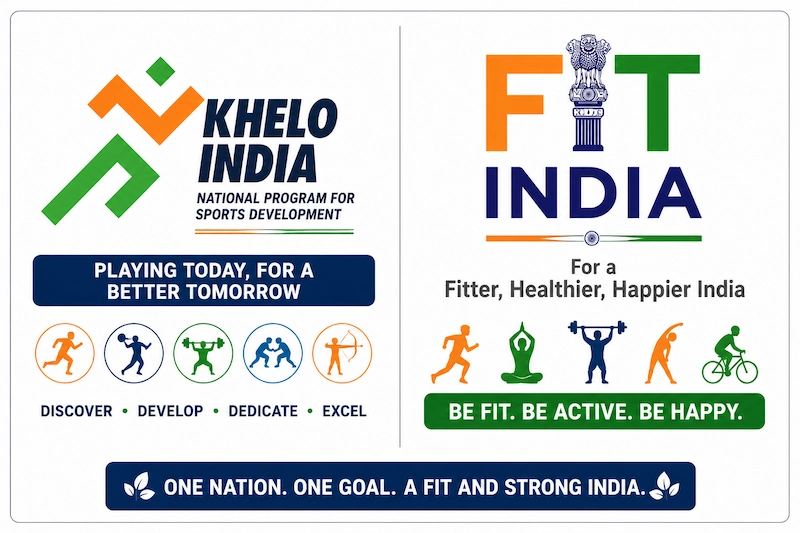 Educational comparison image displaying the official Khelo India and Fit India program logos side by side with their slogans, highlighting India's national initiatives for sports development and fitness promotion.