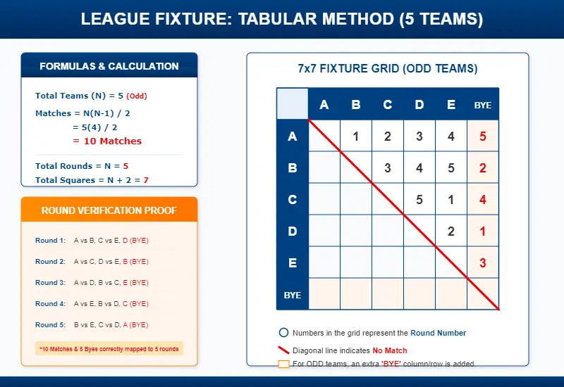 Educational tabular method fixture grid for 5 teams (odd number) in a league tournament showing 10 matches, 5 rounds, and BYE distribution for CBSE Class 12 Physical Education.