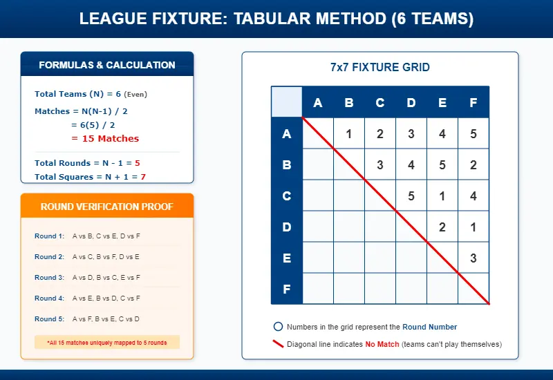 Educational tabular method fixture grid for 6 teams in a league tournament showing 15 matches and 5 rounds verification for CBSE Class 12 Physical Education.