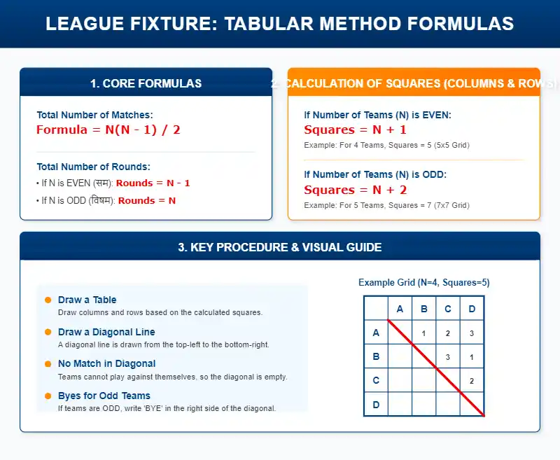 Educational infographic displaying the formulas for the Tabular Method in league tournaments, including calculation of matches, rounds, squares for even and odd teams, and a visual grid procedure for CBSE Class 12 Physical Education.