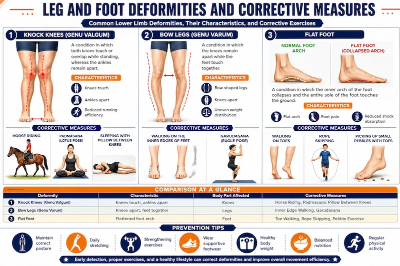 Educational infographic showing knock knees, bow legs, flat foot, and corrective exercises with anatomical illustrations and prevention tips.