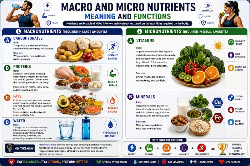 Macro and Micro Nutrients infographic explaining carbohydrates, proteins, fats, water, vitamins, and minerals with their functions, food sources, and importance for energy, growth, recovery, hydration, immunity, and athletic performance.