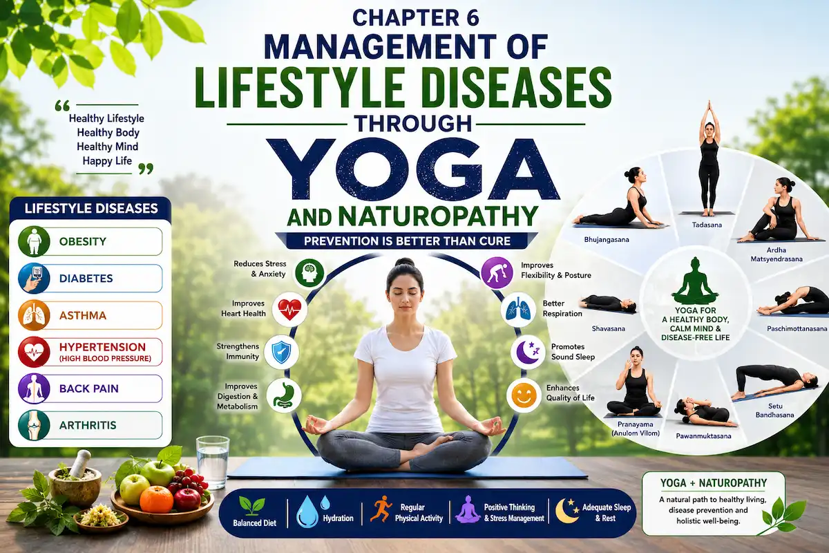 Management of Lifestyle Diseases Through Yoga and Naturopathy feature image showing meditation, preventive yoga asanas, healthy lifestyle habits, and common lifestyle diseases including obesity, diabetes, asthma, hypertension, back pain, and arthritis for CBSE Class 12 Physical Education.