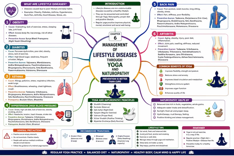Management of Lifestyle Diseases Through Yoga mind map infographic for CBSE Class 12 Physical Education showing obesity, diabetes, asthma, hypertension, back pain, arthritis, preventive yoga asanas, pranayama, naturopathy principles, lifestyle modifications, precautions, and health benefits in a comprehensive visual revision chart.