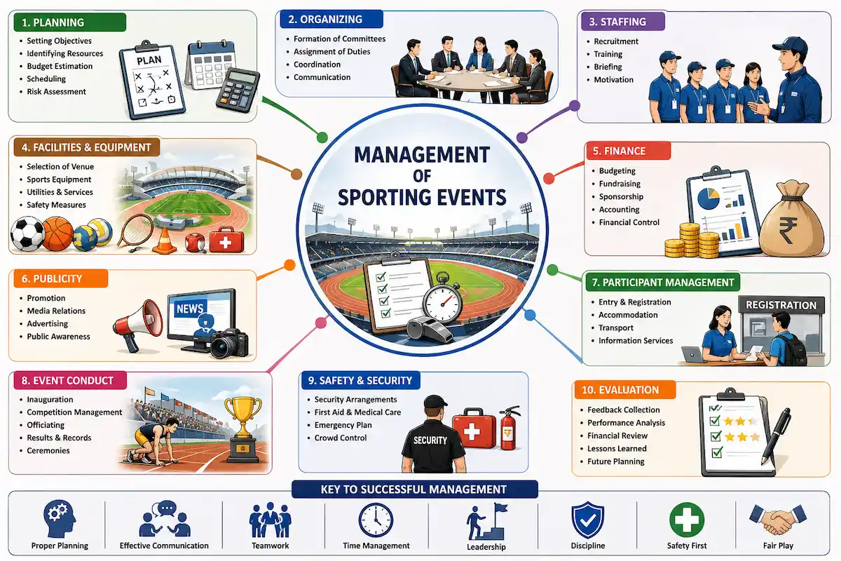 Educational infographic illustrating the management of sporting events, including planning, organizing, staffing, finance, publicity, facilities, participant management, safety, event conduct, and evaluation. Caption