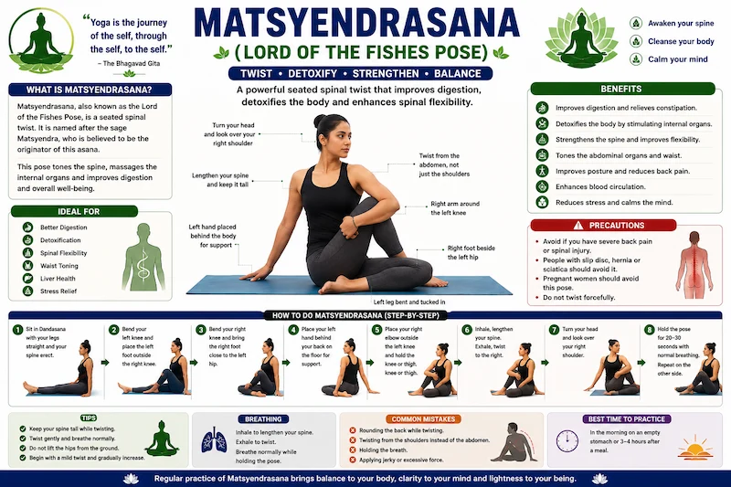 Ardha Matsyendrasana (Half Lord of the Fishes Pose) yoga infographic demonstrating the correct seated spinal twist posture with one leg crossed over the other, opposite elbow outside the raised knee, spine erect, and head turned backward, including step-by-step instructions, benefits, breathing technique, and precautions for CBSE Class 12 Physical Education.