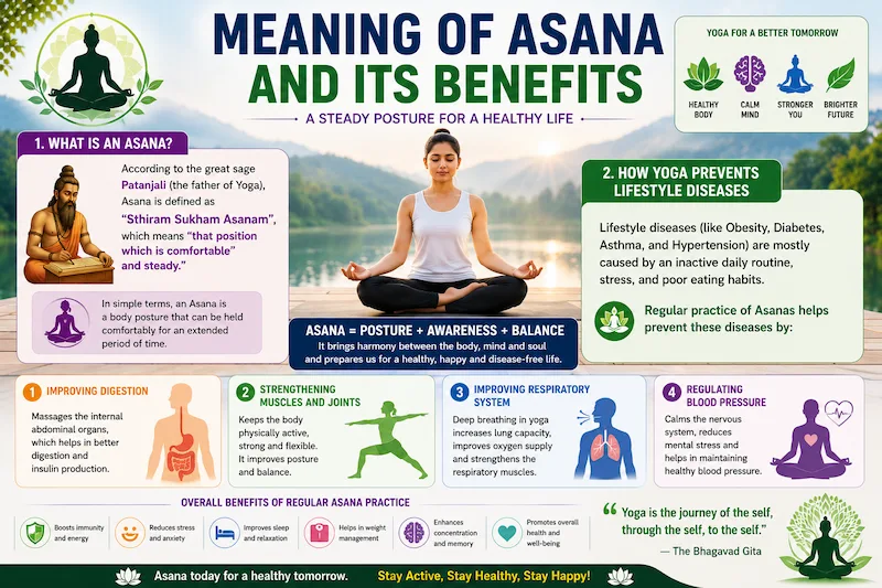 Meaning of Asana and Its Benefits infographic illustrating Patanjali’s definition of Asana, yoga postures, lifestyle disease prevention, improved digestion, stronger muscles and joints, better respiratory health, and blood pressure regulation for CBSE Class 12 Physical Education.