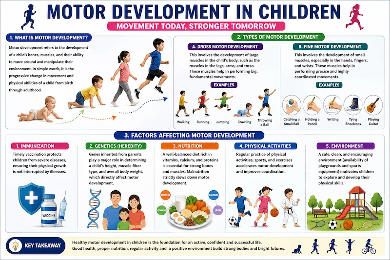 Motor Development in Children infographic illustrating gross motor development, fine motor development, and the major factors affecting motor development including nutrition, genetics, immunization, physical activity, and environment for CBSE Class 12 Physical Education.