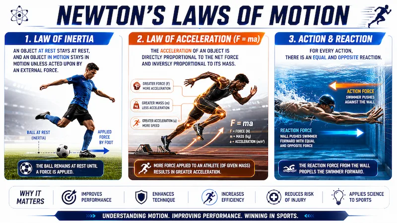 Educational infographic explaining Newton's Laws of Motion in sports, illustrating the Law of Inertia, Law of Acceleration (F=ma), and Action-Reaction with examples from soccer, sprinting, and swimming.