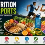 Nutrition in Sports feature image for CBSE Class 12 Physical Education showing a balanced diet, healthy foods, athlete hydration, macronutrients, micronutrients, weight management, and sports nutrition for improved athletic performance and overall health.