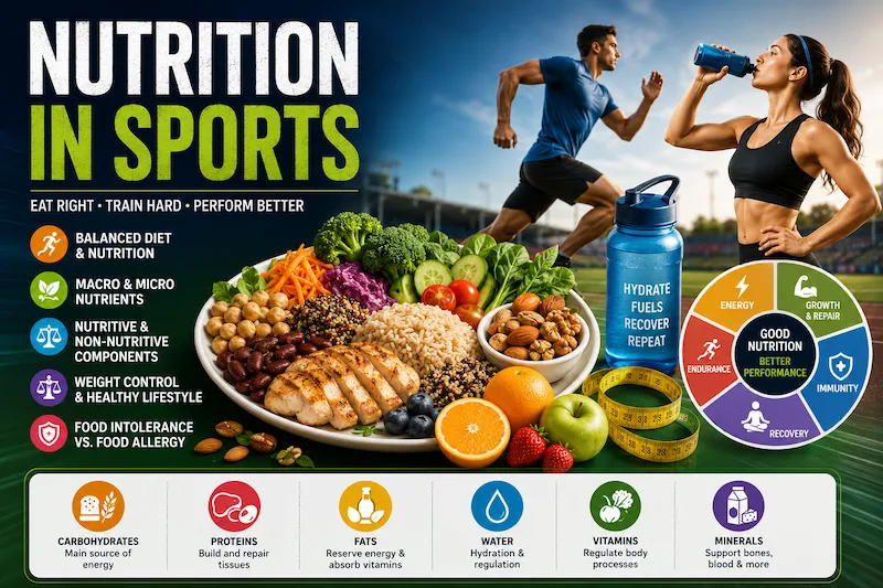 Nutrition in Sports feature image for CBSE Class 12 Physical Education showing a balanced diet, healthy foods, athlete hydration, macronutrients, micronutrients, weight management, and sports nutrition for improved athletic performance and overall health.