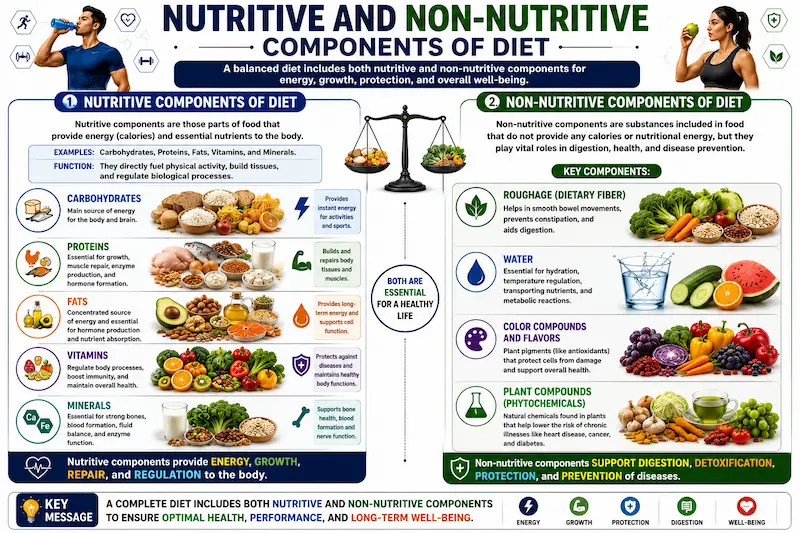 Nutritive and non-nutritive components of diet infographic illustrating carbohydrates, proteins, fats, vitamins, minerals, dietary fiber, water, color compounds, and phytochemicals with their functions, food sources, and health benefits.