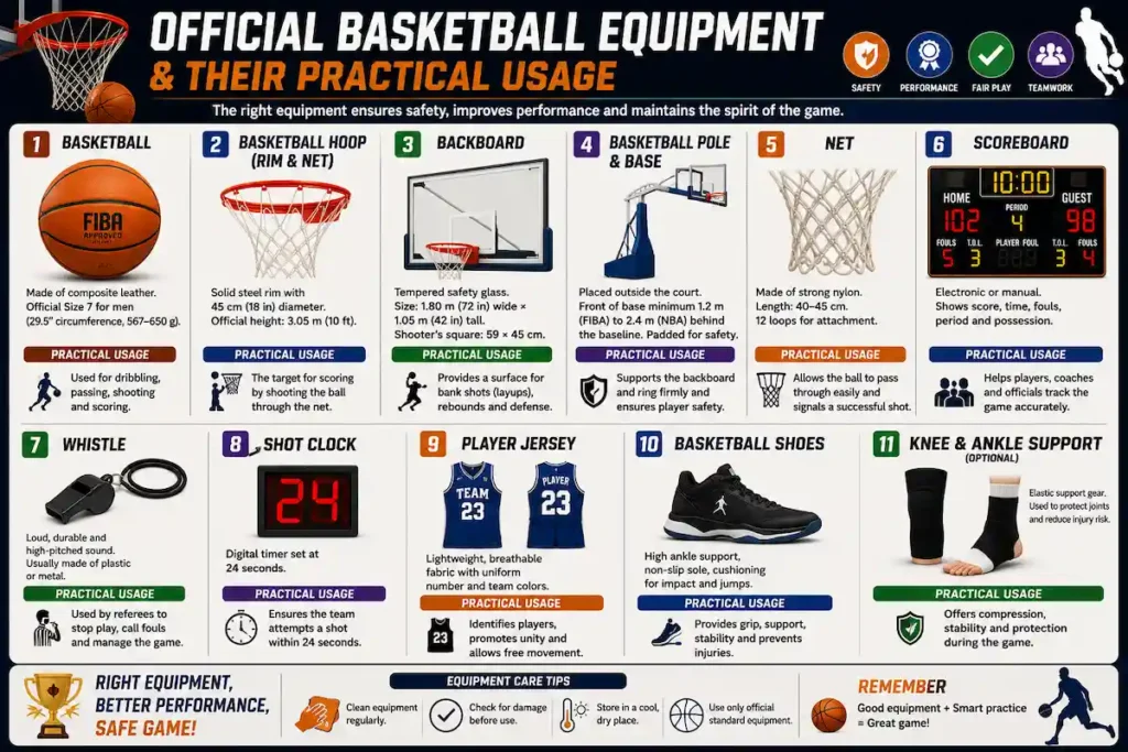 Educational basketball equipment infographic illustrating the official basketball, hoop, backboard, pole, net, scoreboard, whistle, shot clock, player jersey, basketball shoes, and protective gear with their practical uses.