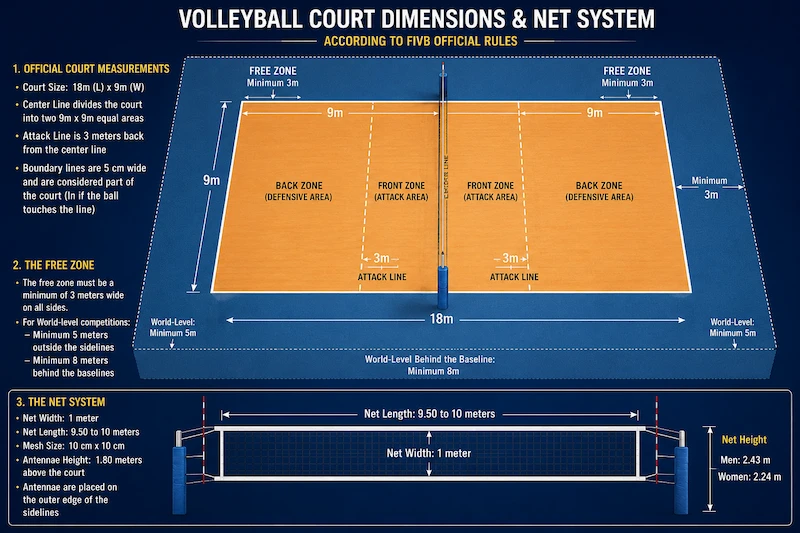 FIVB official volleyball court dimensions infographic showing an 18m × 9m court, center line, attack line, free zone, and net system with standard measurements.