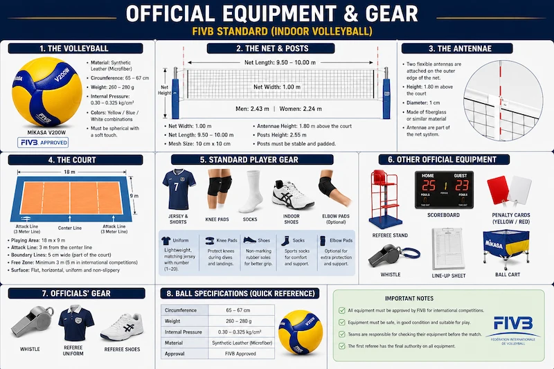 FIVB official volleyball equipment infographic showing the volleyball, net, antennas, court, player gear, referee equipment, and official match accessories.