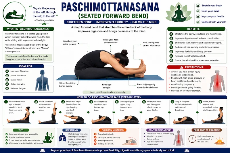 Paschimottanasana (Seated Forward Bend) yoga infographic demonstrating the correct seated forward bend posture with straight legs, hands holding the feet, and the torso folded over the thighs, including step-by-step instructions, benefits, breathing technique, and precautions for CBSE Class 12 Physical Education.