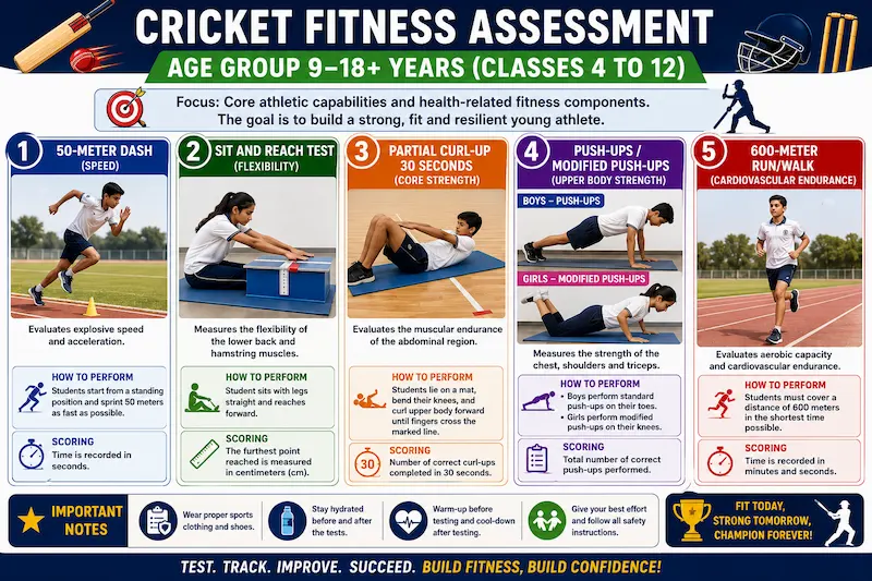 Physical fitness assessment infographic for students aged 9–18+ years showing the 50-meter dash, sit and reach test, partial curl-up test, push-up/modified push-up test, and 600-meter run/walk to evaluate speed, flexibility, muscular strength, core endurance, and cardiovascular fitness.