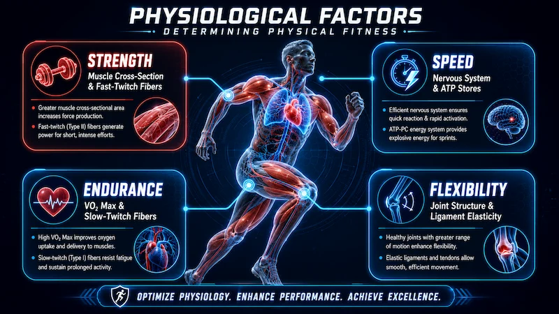 Educational infographic illustrating the physiological factors determining physical fitness, including Strength, Speed, Endurance, and Flexibility, with a detailed anatomical athlete showing muscles, heart, lungs, and body systems.