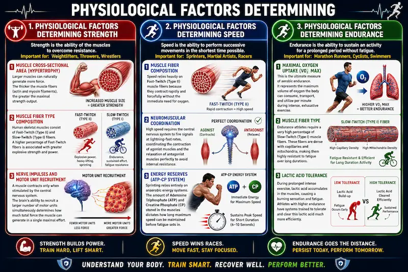 Physiological factors determining strength, speed, and endurance infographic showing muscle hypertrophy, fast- and slow-twitch muscle fibers, motor unit recruitment, ATP-CP energy system, VO₂ max, neuromuscular coordination, and lactic acid tolerance.