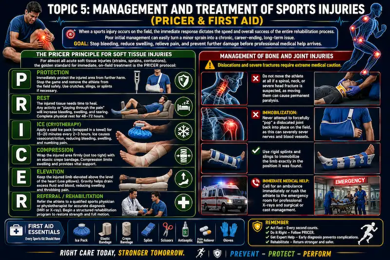PRICER and first aid sports injuries infographic explaining Protection, Rest, Ice, Compression, Elevation, Referral/Rehabilitation, and emergency management of bone and joint injuries with medical illustrations.