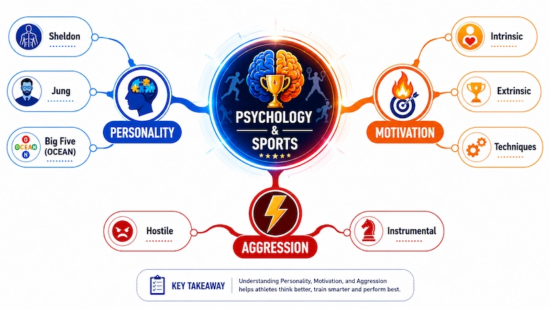Educational mind map infographic illustrating the Psychology and Sports chapter with three main branches: Personality, Motivation, and Aggression, including Sheldon, Jung, Big Five Theory, Intrinsic and Extrinsic Motivation, and Hostile and Instrumental Aggression.