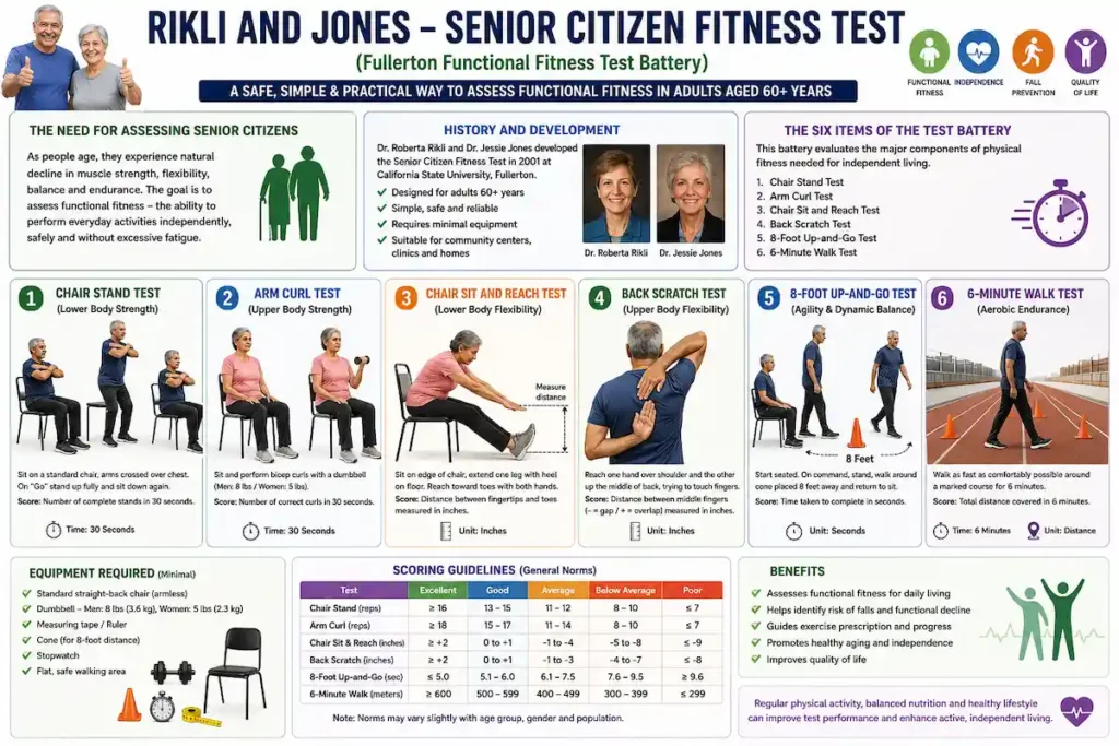 Rikli and Jones Senior Citizen Fitness Test infographic illustrating the Chair Stand Test, Arm Curl Test, Chair Sit and Reach Test, Back Scratch Test, 8-Foot Up-and-Go Test, and 6-Minute Walk Test used to assess functional fitness in adults aged 60 years and above.