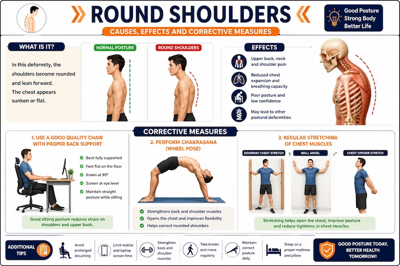Educational infographic showing round shoulders posture, its characteristics, effects, and corrective measures including Chakrasana, proper chair support, and chest stretching exercises.