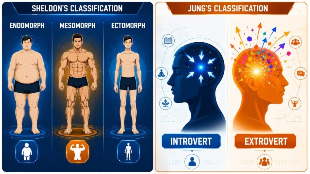 Educational infographic comparing Sheldon's body type classification (Endomorph, Mesomorph, Ectomorph) with Jung's personality classification (Introvert and Extrovert) using clean vector illustrations.