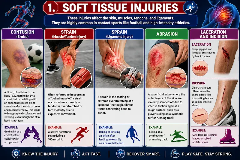 Soft tissue sports injuries infographic illustrating contusion (bruise), strain, sprain, abrasion, laceration, and incision with anatomical illustrations, injury descriptions, and sports-related examples.
Caption:
Soft Tissue Sports Injuries: A comprehensive sports science infographic explaining the major types of soft tissue injuries, including contusions, strains, sprains, abrasions, lacerations, and incisions. It highlights their causes, symptoms, and real-world sports examples to help students, athletes, and coaches understand injury identification and prevention.